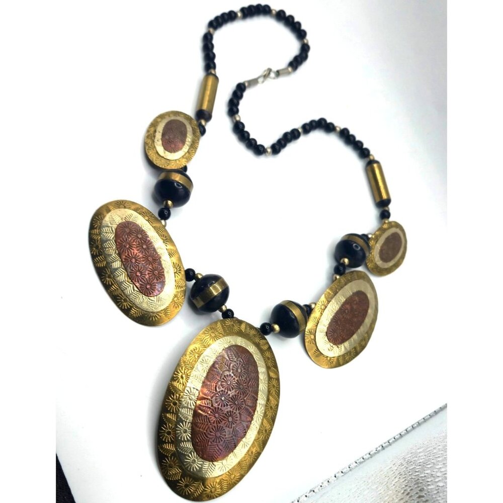 Vintage 107g Hammered Brass Copper Onyx Necklace 26" Statement Boho Tribal